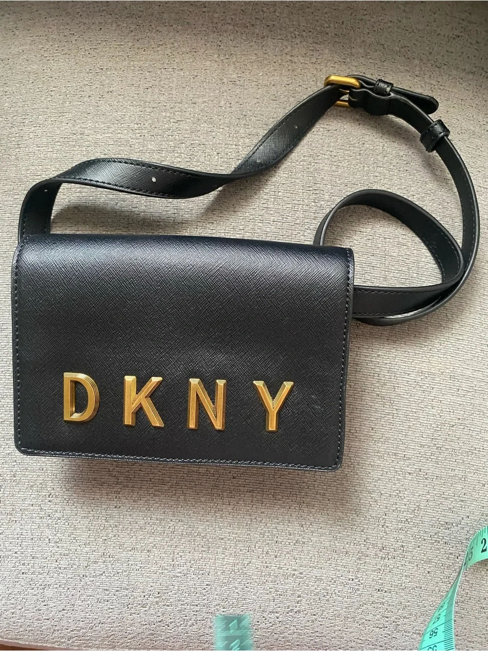 DKNY Black Leather Logo Belt Bag with Gold Hardware